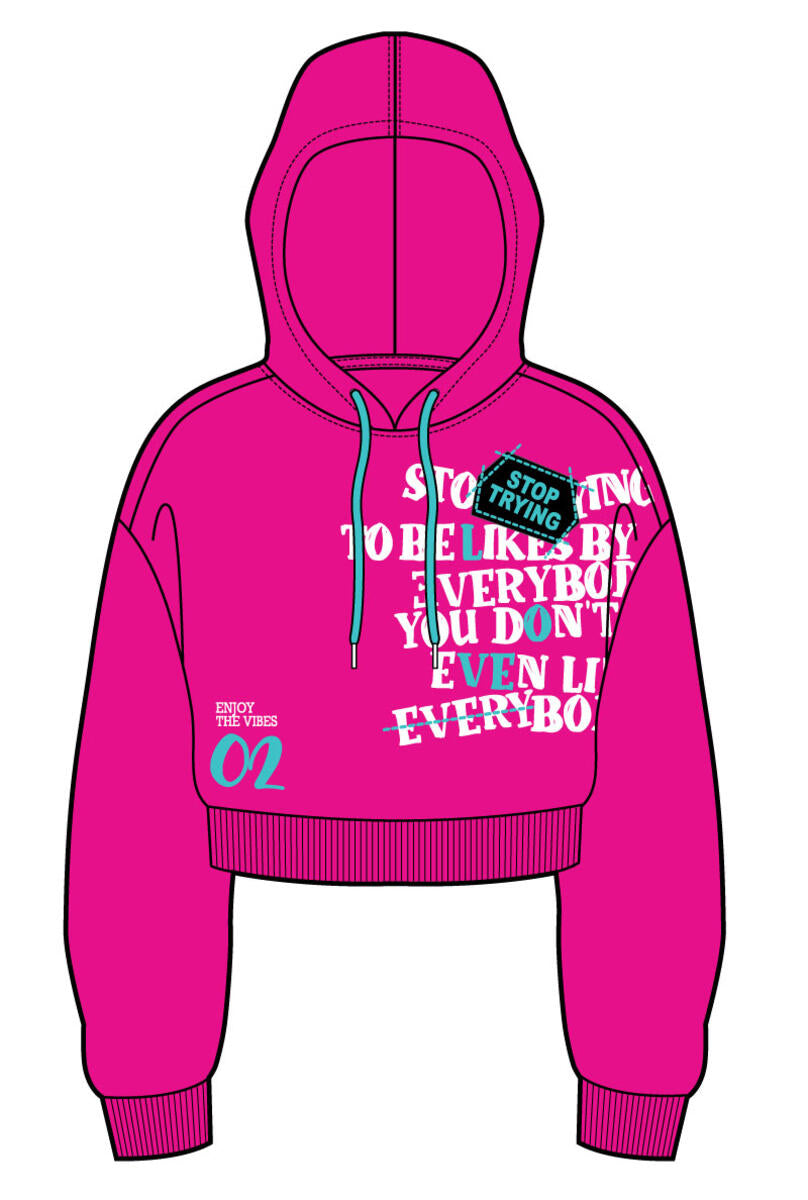 Red Fox - Fleece Crop Graphic Hoodie - Hot Pink