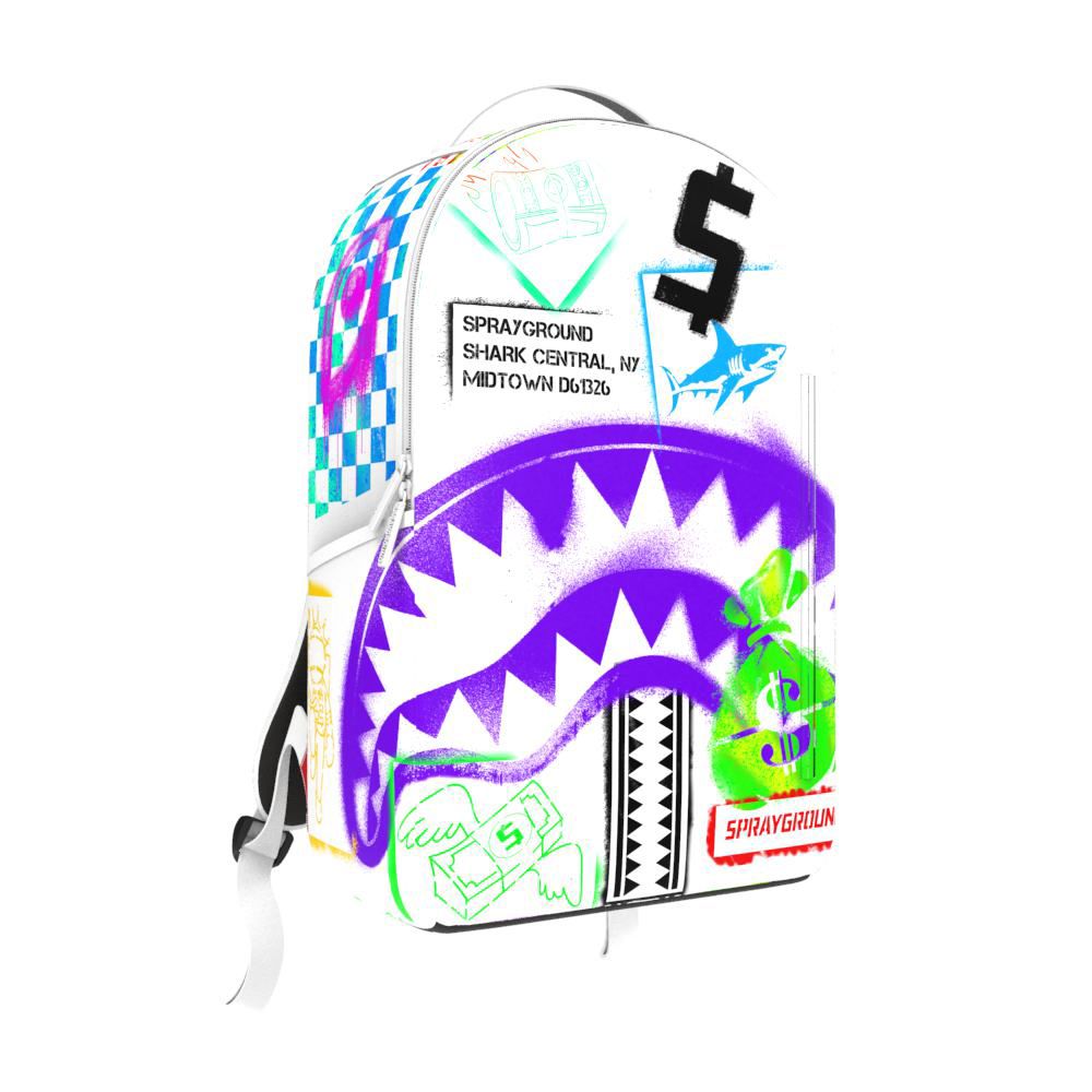 SprayGround SHARK CENTRAL STENCILS WHITE DLXSV BACKPACK (B7619)