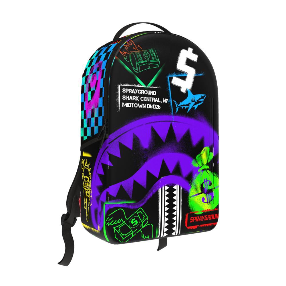 SprayGround SHARK CENTRAL STENCILS- BLACK DLXSV BACKPACK (B7620)
