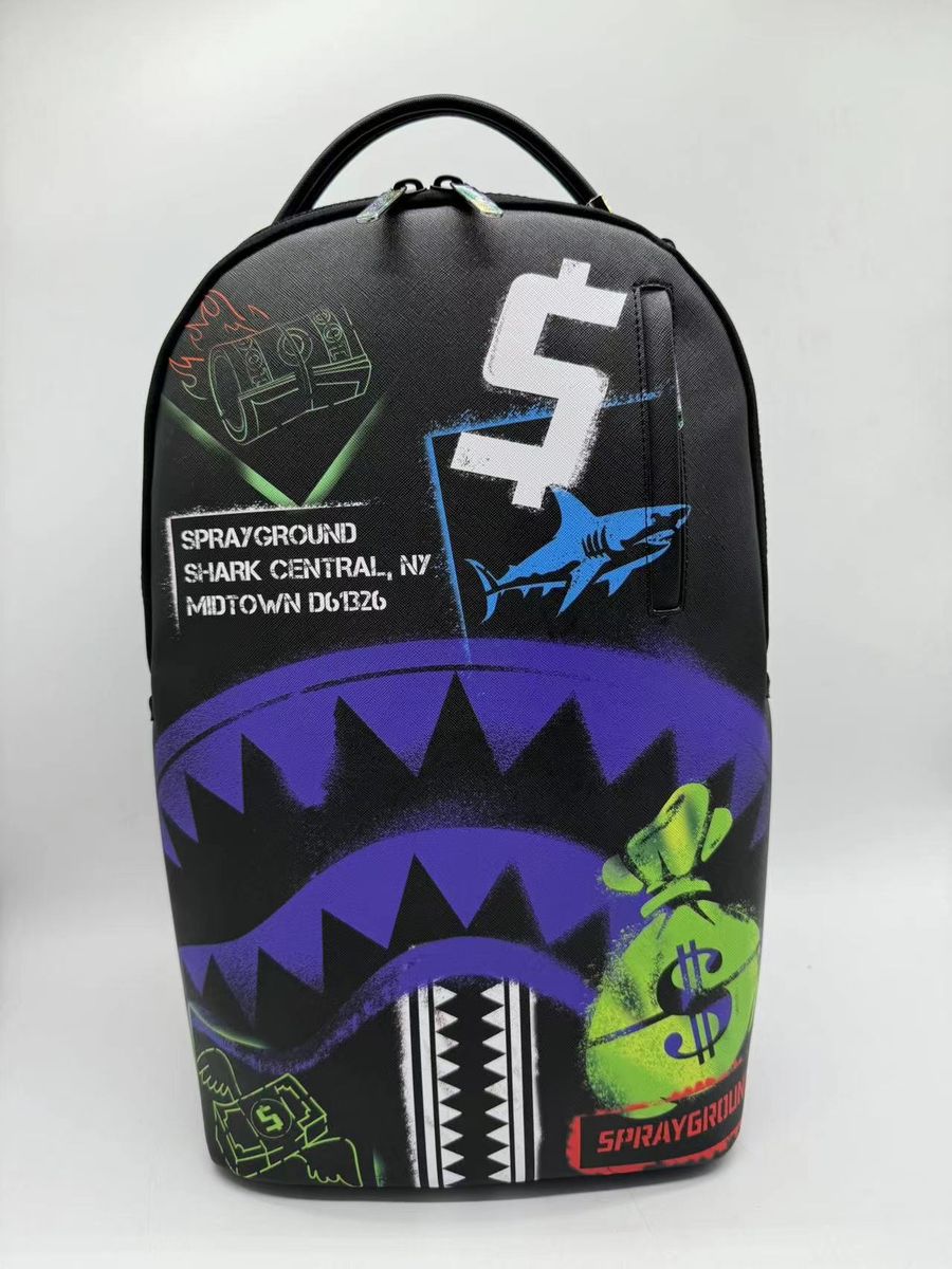 SprayGround SHARK CENTRAL STENCILS- BLACK DLXSV BACKPACK (B7620)