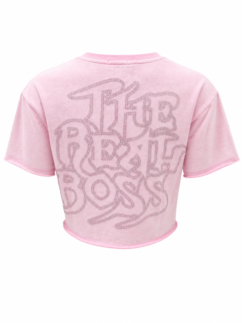 REDFOX WOMEN'S "THE REAL BOSS" FRENCH TERRY CROP TEE W/RHINESTONE (TE1627)