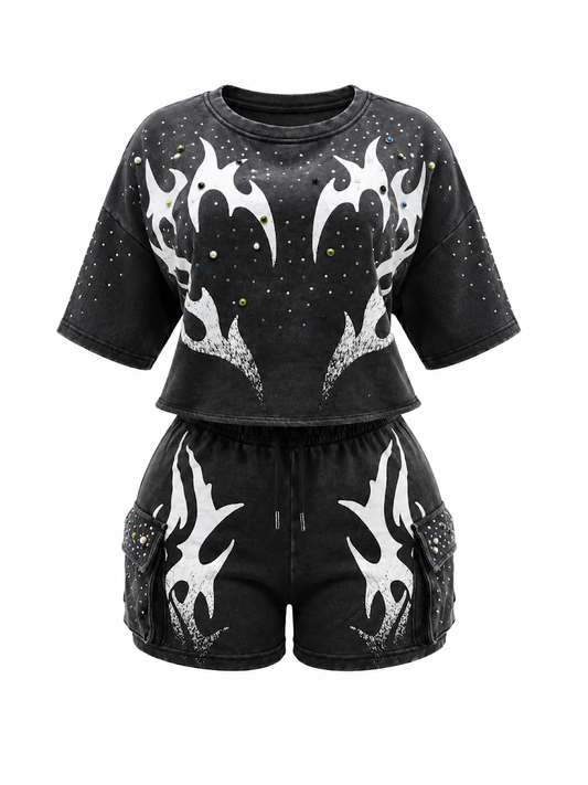 REDFOX WOMEN'S MINERAL WASH FRENCH TERRY "FLAME" W/RHINESTONE SHORT SET (ST6633S)