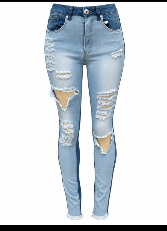 REDFOX WOMEN'S TWO TONE REBEL DISTRESSED JEANS (PA0523)