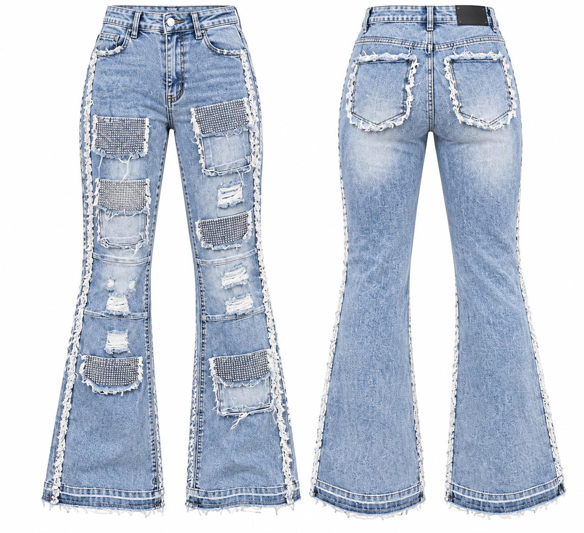 AMERICAN BAZI WOMEN'S STACKED RHINESTONE CARGO JEANS (RJH10733)
