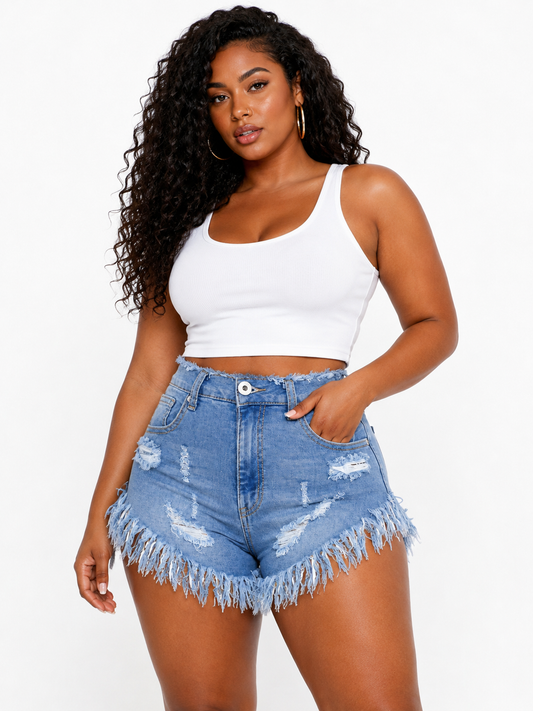 REDFOX WOMEN DISTRESSED FRINGE DENIM SHORTS