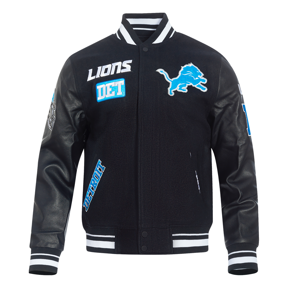 PRO STANDARD DETROIT LIONS AREA CODE M RIB WOOL VARSITY JACKET,BLK