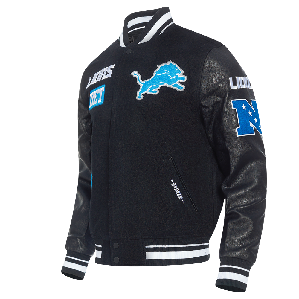 PRO STANDARD DETROIT LIONS AREA CODE M RIB WOOL VARSITY JACKET,BLK