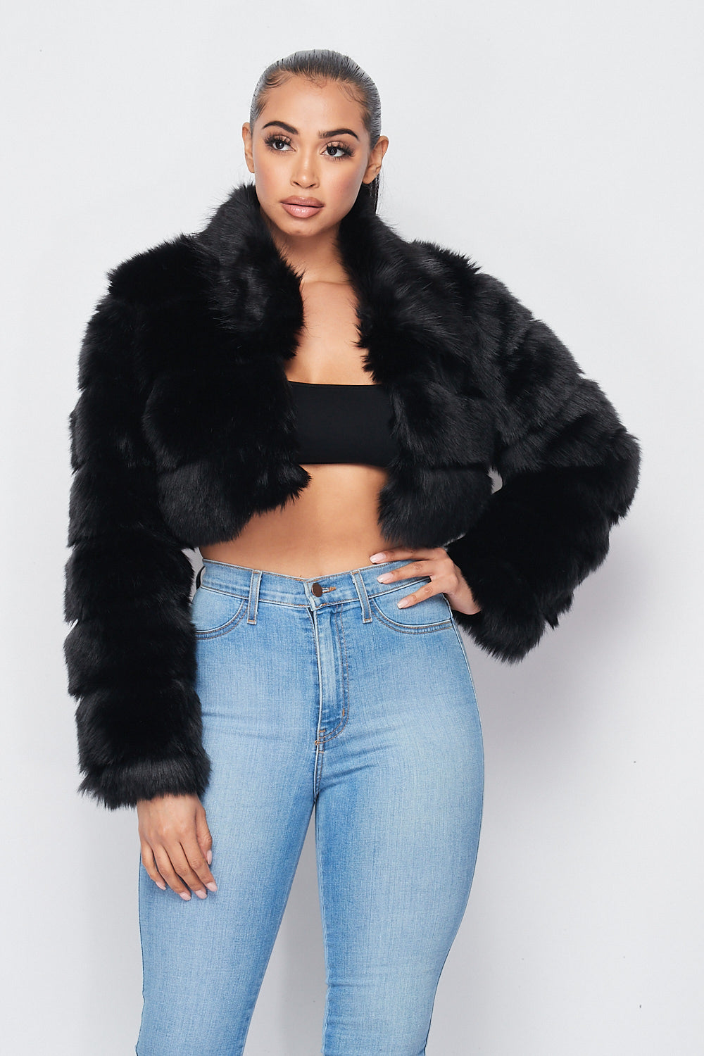 Hot & Delicious - Faux Fur Crop Jacket - Black