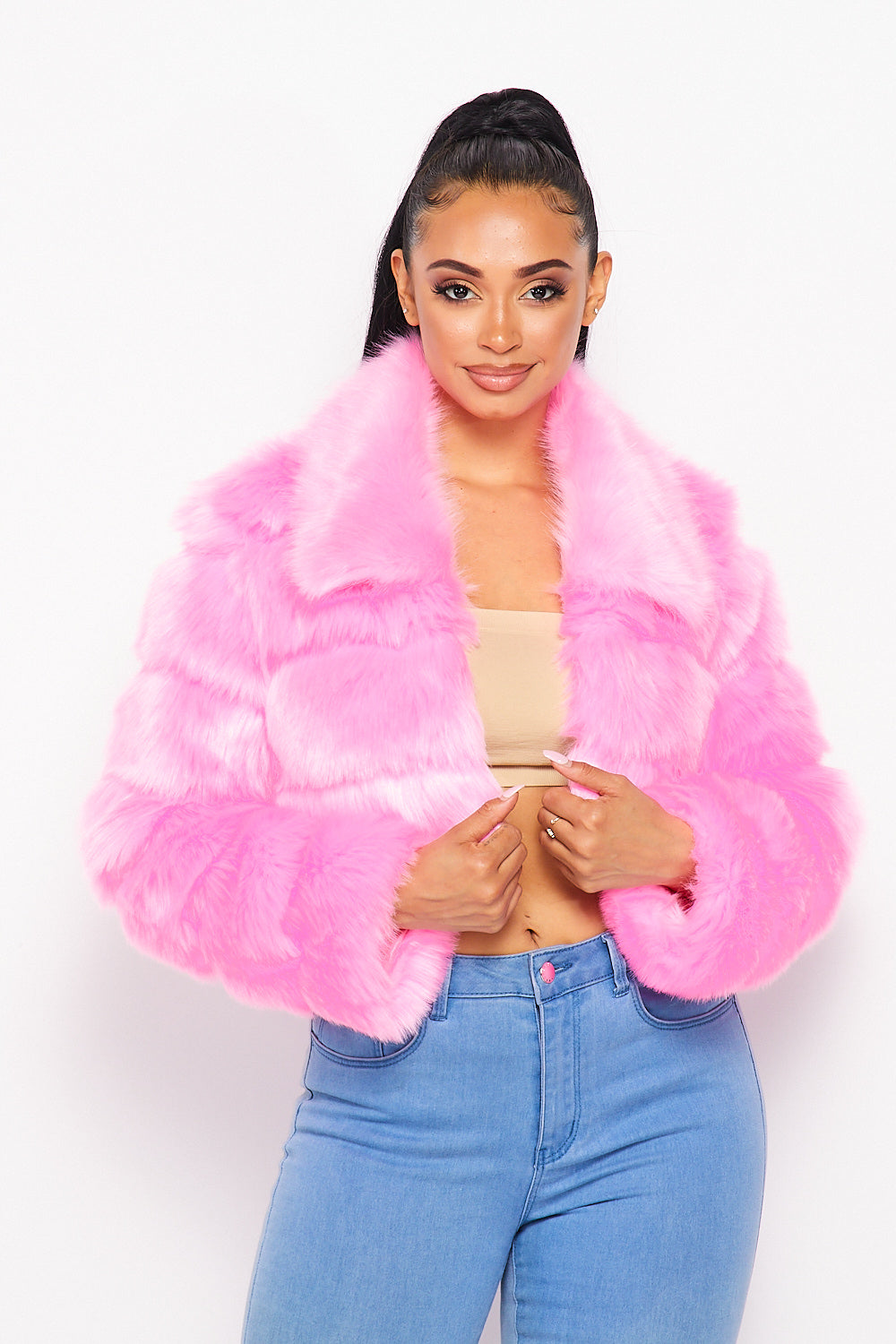 Hot & Delicious - Faux Fur Crop Jacket - Pink
