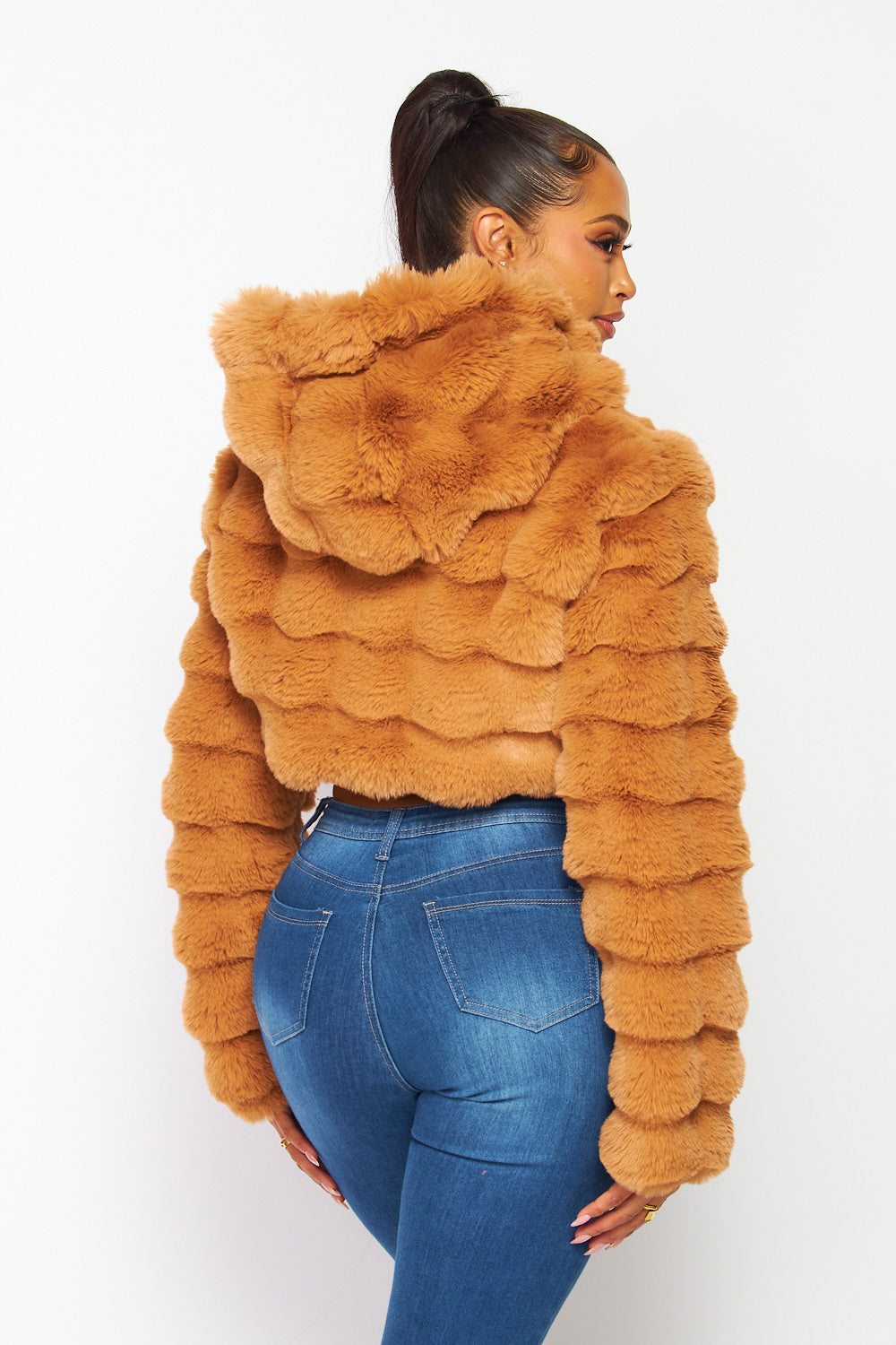 Hot & Delicious - Faux Fur Hooded Crop Jacket - Taupe