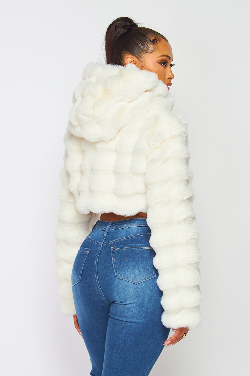 Hot & Delicious - Faux Fur Hooded Crop Jacket - Ivory