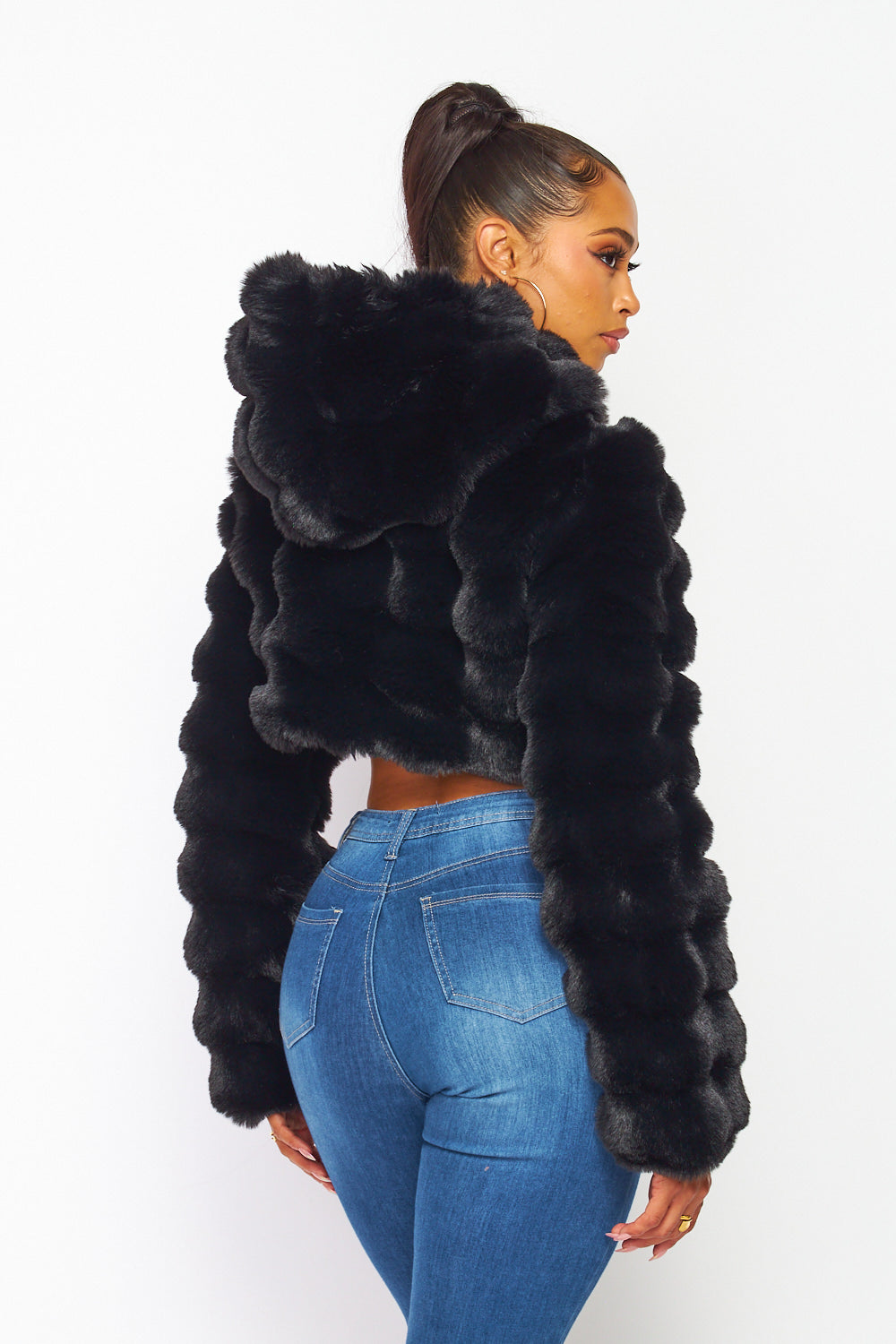 Hot & Delicious - Faux Fur Hooded Crop Jacket - Black