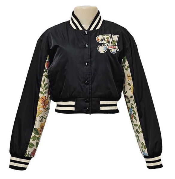 RED FOX PADDING CROP VARSITY JACKET W/TAPESTRY PATCH BLACK-(JK8409)