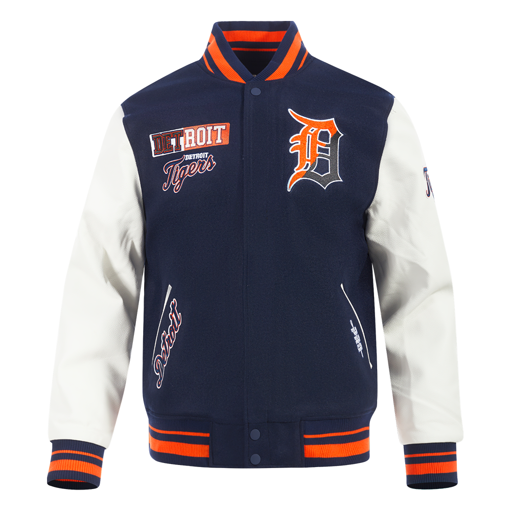 PRO STANDARD DETROIT TIGERS SPLIT LOGO M RIB WOOL VARSITY JACKET MIDNIGHT NAVY/ORANGE