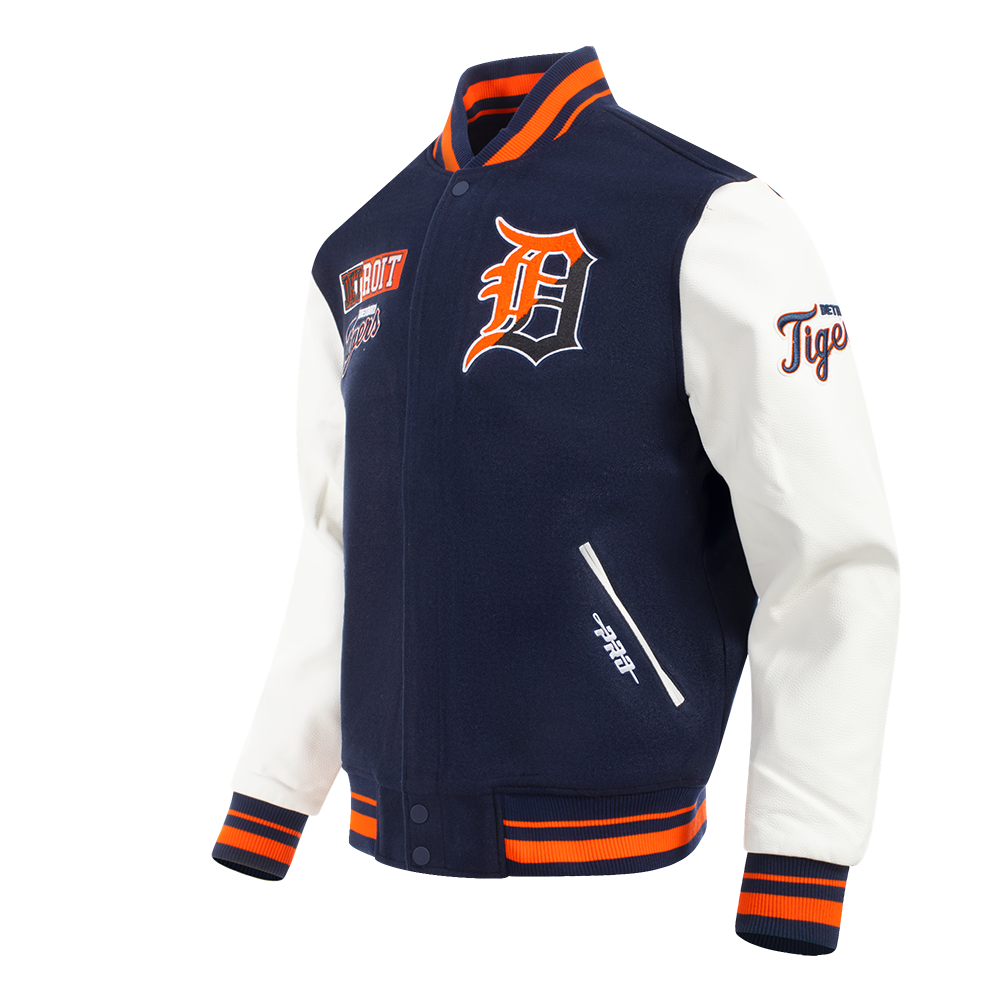 PRO STANDARD DETROIT TIGERS SPLIT LOGO M RIB WOOL VARSITY JACKET MIDNIGHT NAVY/ORANGE