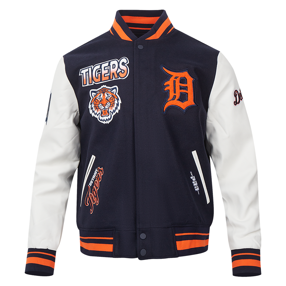 PRO STANDARD DETROIT TIGERS TURN IT UP M RIB WOOL VARSITY JACKET, MIDNIGHT NAVY ORANGE