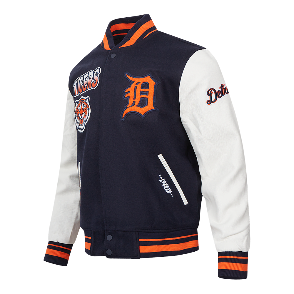 PRO STANDARD DETROIT TIGERS TURN IT UP M RIB WOOL VARSITY JACKET, MIDNIGHT NAVY ORANGE