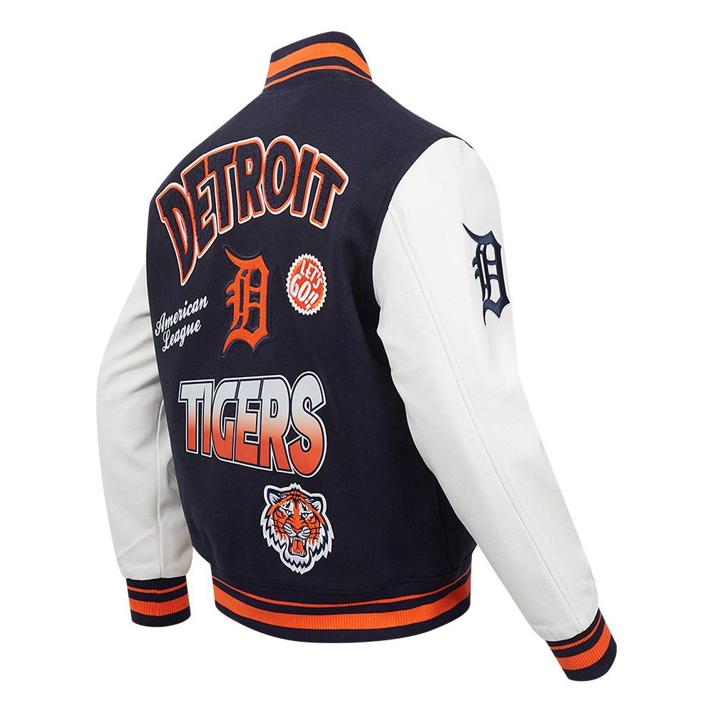 PRO STANDARD DETROIT TIGERS TURN IT UP M RIB WOOL VARSITY JACKET, MIDNIGHT NAVY ORANGE