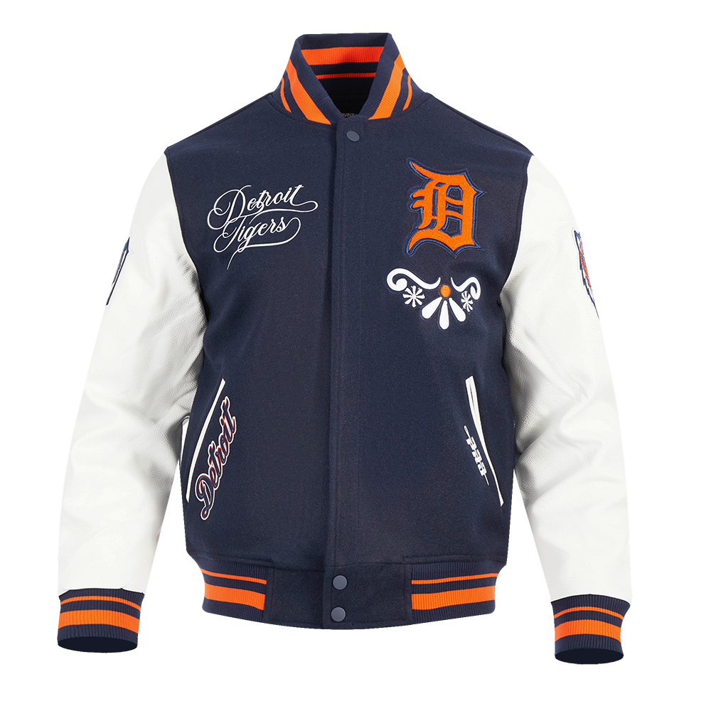 PRO STANDARD DETROIT TIGERS SUGAR SKULL M RIB WOOL VARSITY JACKET, MIDNIGHT NAVY/ORANGE