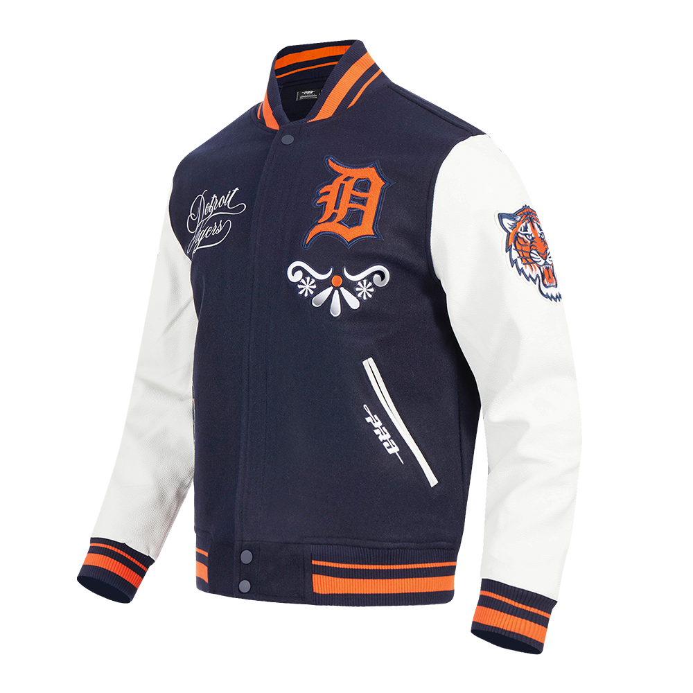 PRO STANDARD DETROIT TIGERS SUGAR SKULL M RIB WOOL VARSITY JACKET, MIDNIGHT NAVY/ORANGE