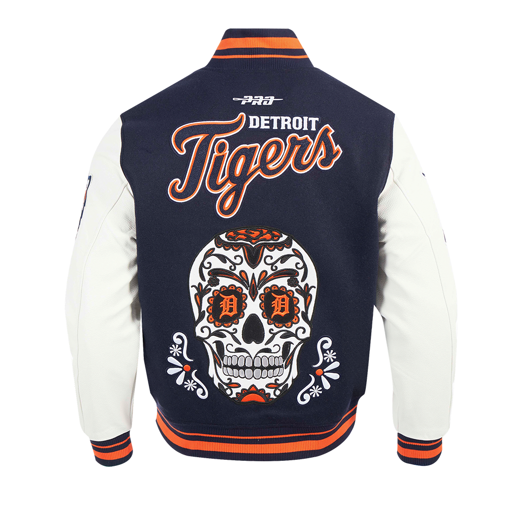PRO STANDARD DETROIT TIGERS SUGAR SKULL M RIB WOOL VARSITY JACKET, MIDNIGHT NAVY/ORANGE