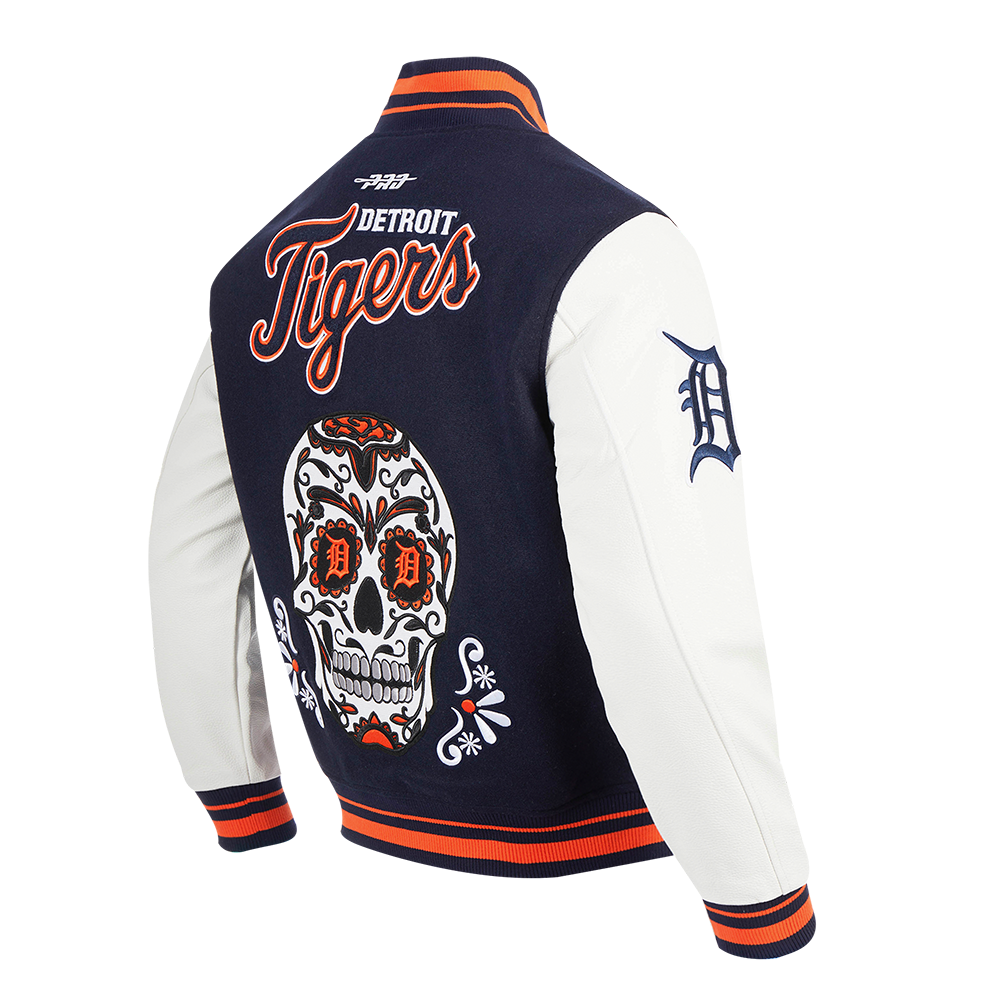 PRO STANDARD DETROIT TIGERS SUGAR SKULL M RIB WOOL VARSITY JACKET, MIDNIGHT NAVY/ORANGE