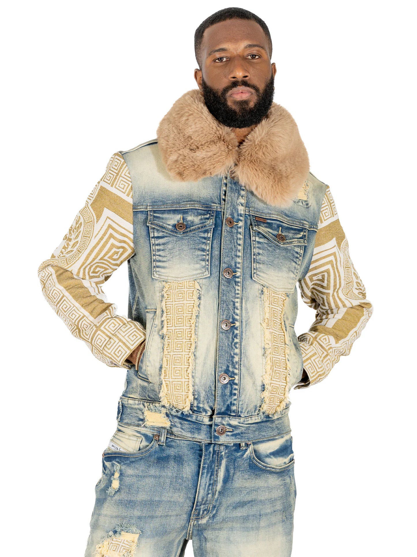 MAKOBI SARTONI DENIM JACKET WITH FUR COLLAR -M1054B- NOT SOLD SEPARATLEY