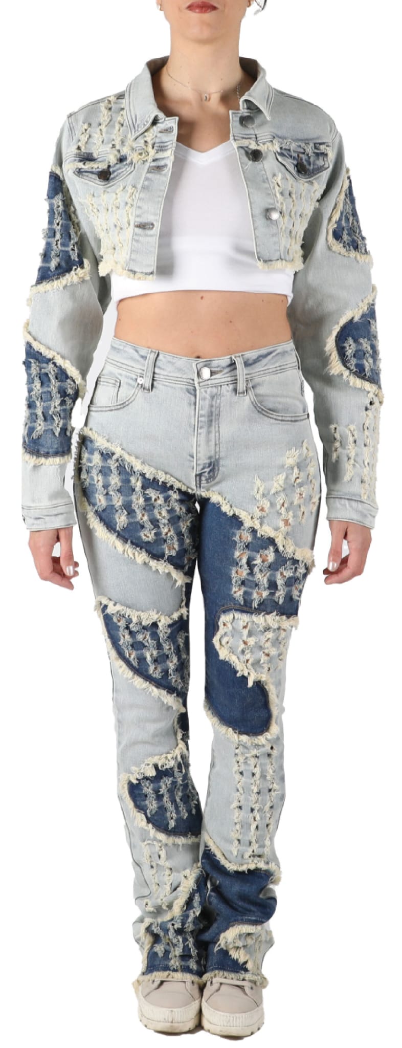 RED FOX CROP DENIM FRAY JEANS W LAZER CUTTING-(SD5502P)