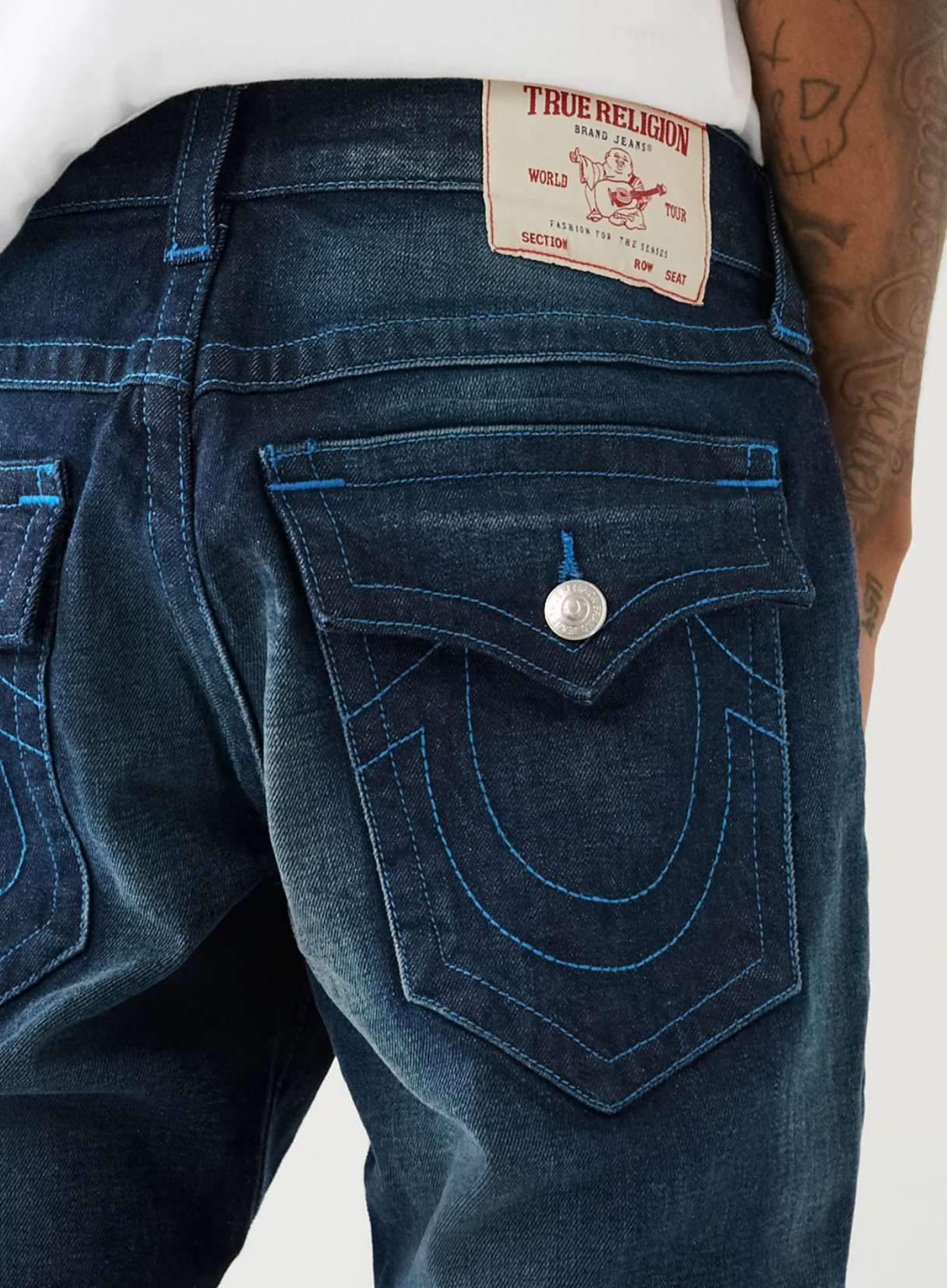 TRUE RELIGION ROCCO FLAP SINGLE NEEDLE SKINNY JEAN-DARK WASH
