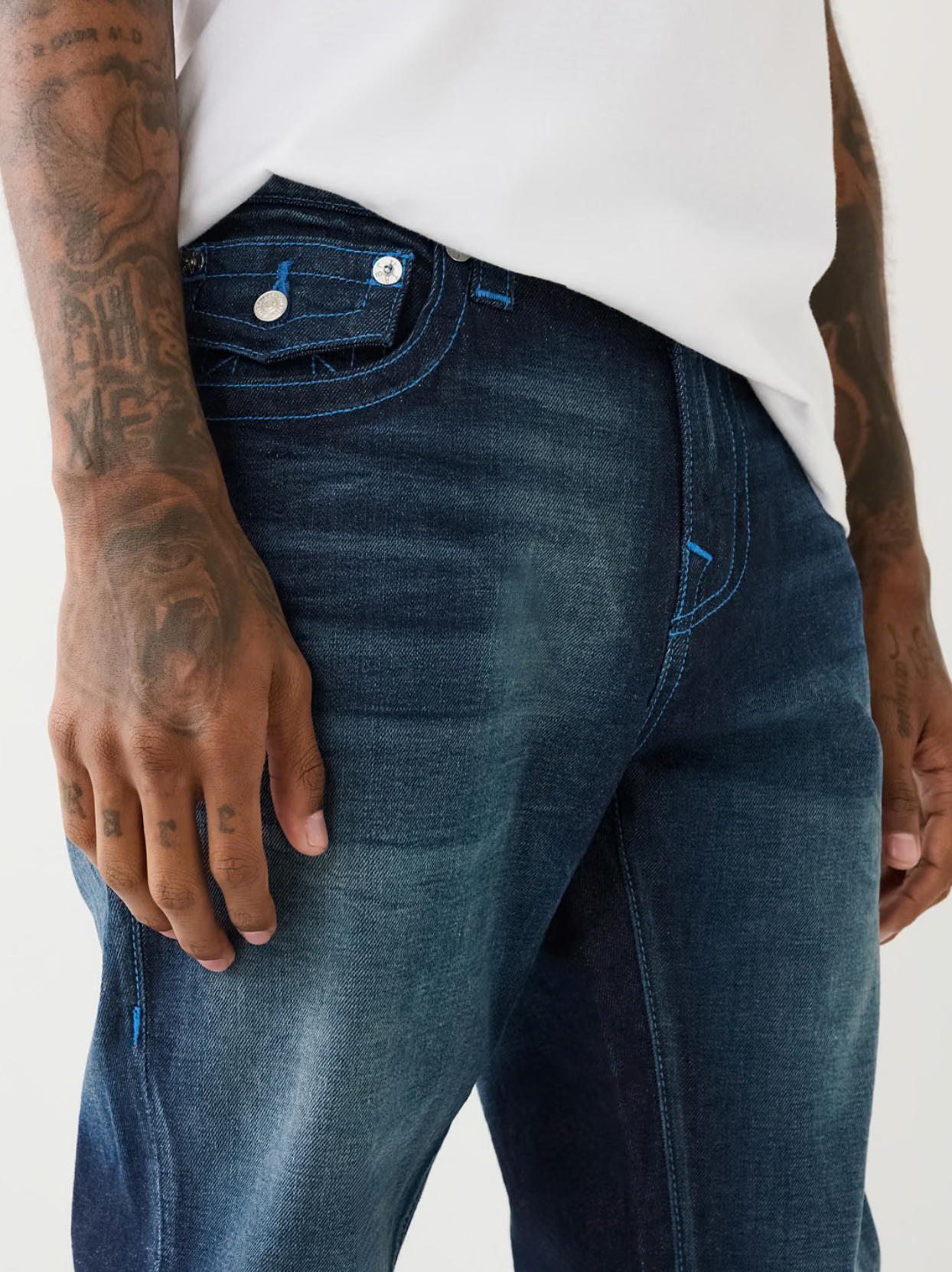 TRUE RELIGION ROCCO FLAP SINGLE NEEDLE SKINNY JEAN-DARK WASH