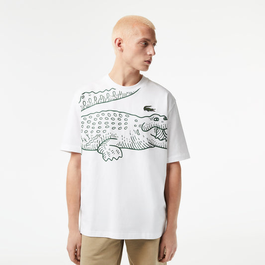 Lacoste - Men's Loose Fit Crocodile Print Crew Neck Shirt - White