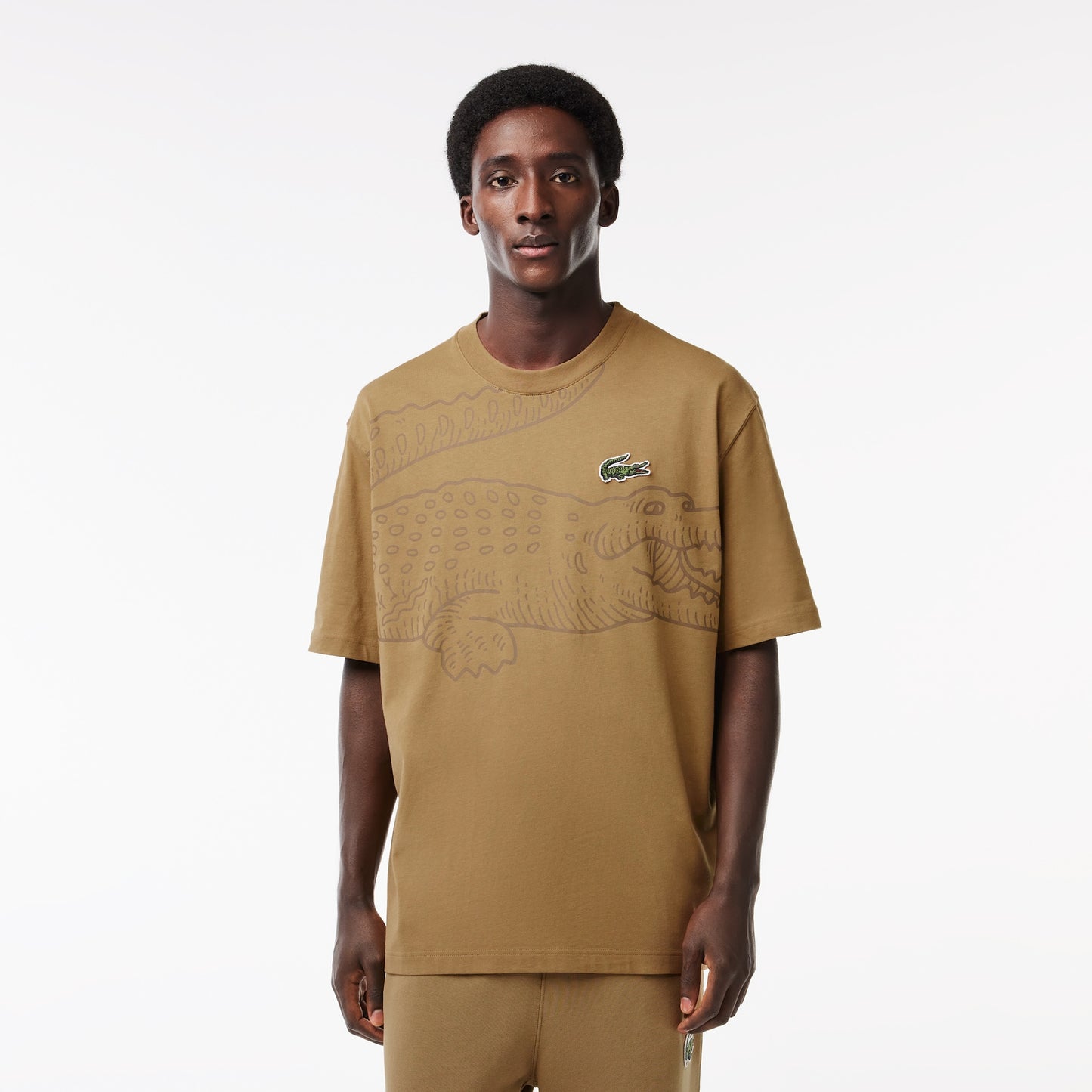 Lacoste - Men's Loose Fit Crocodile Print Crew Neck Shirt - Brown