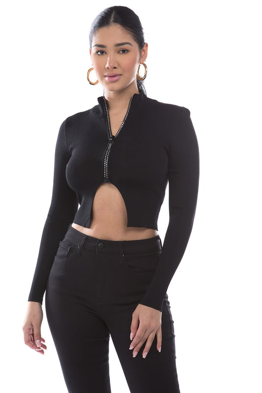 Balboa - Knit Cropped Sweater With Zipper Stud - Black