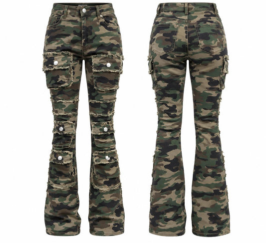 REDFOX WOMEN'S STACKED CAMO CARGO JEANS (PA1522)