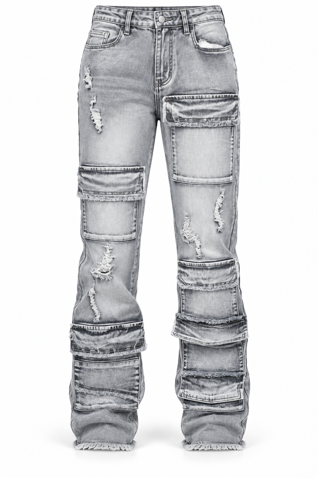 AMERICAN BAZI WOMEN'S DISTRESSED MULTI POCKET WIDE LEG JEANS (RJH21003)