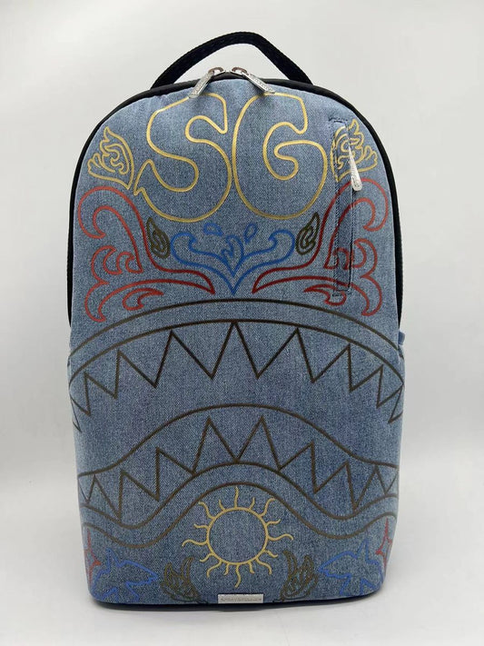 SprayGround METALLIC PRINTED DENIM SHARK DLXSV BACKPACK (B6976)