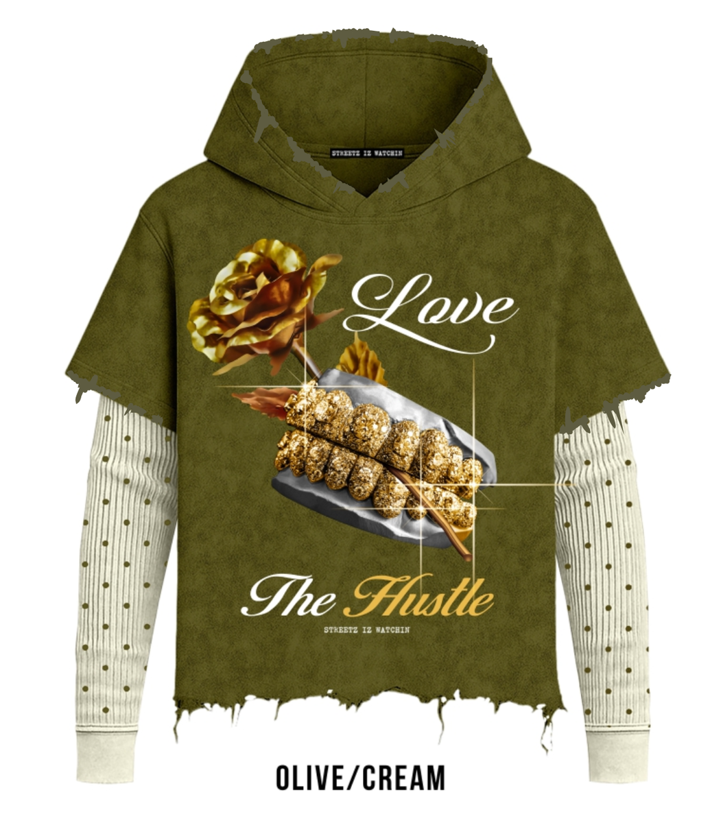 Streetz Iz Watchin Washed LOVE THE HUSTLE 2FER HOODIE Olive/Cream