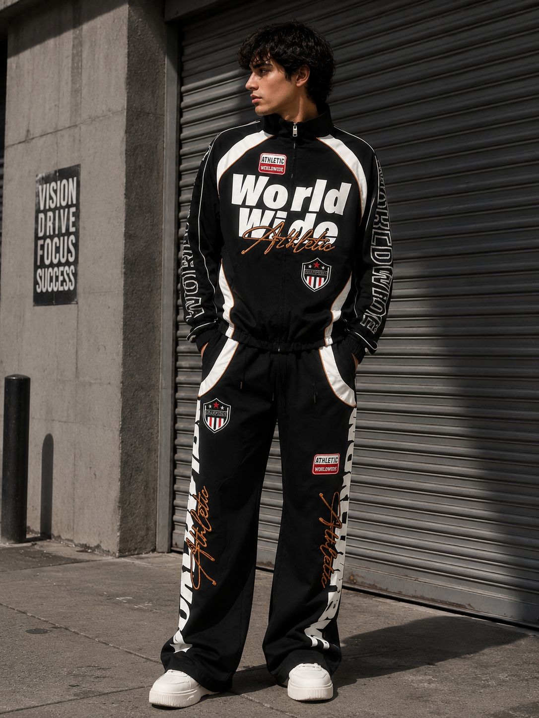 COPPER RIVET MEN WORLD TOUR FRAY APPLIQUE TRACK SUIT FLARE PANTS (2 PCS SET)