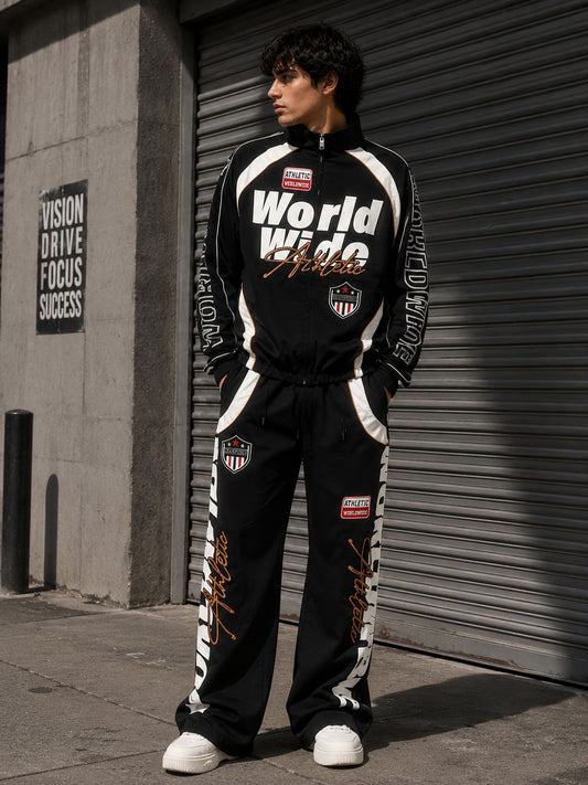 COPPER RIVET MEN WORLD TOUR FRAY APPLIQUE TRACK SUIT FLARE PANTS (2 PCS SET)