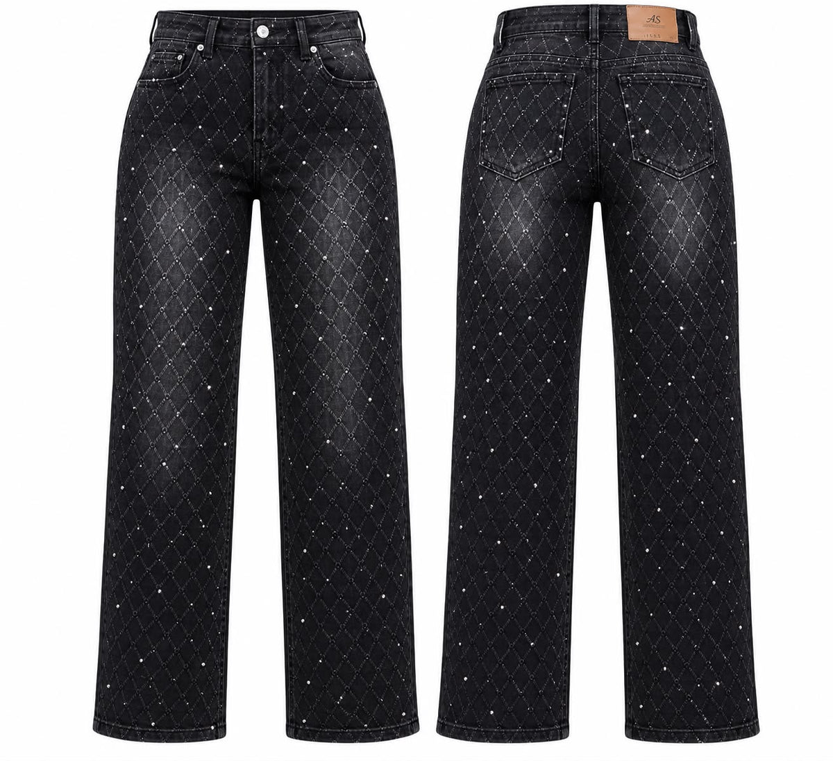 AMERICAN BAZI WOMEN'S RHINESTONE MONOGRAM WIDE LEG JEANS (RJH10727)