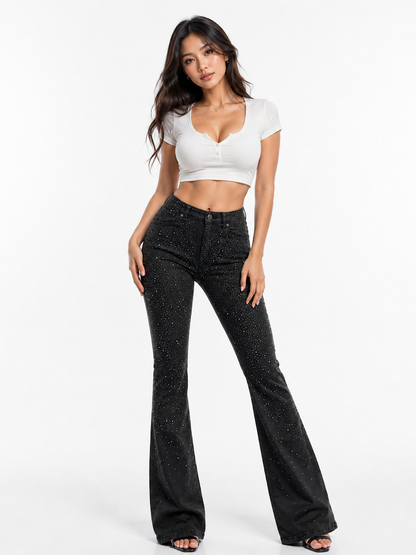 REDFOX WOMEN PULEATHER W/RHINESTONES STACKED PANTS (PA1580)