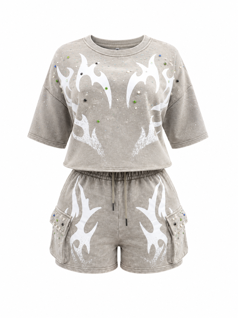 REDFOX WOMEN'S MINERAL WASH FRENCH TERRY "FLAME" W/RHINESTONE SHORT SET (ST6633S)