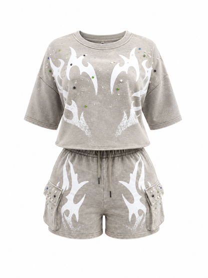 REDFOX WOMEN'S MINERAL WASH FRENCH TERRY "FLAME" W/RHINESTONE SHORT SET (ST6633S)