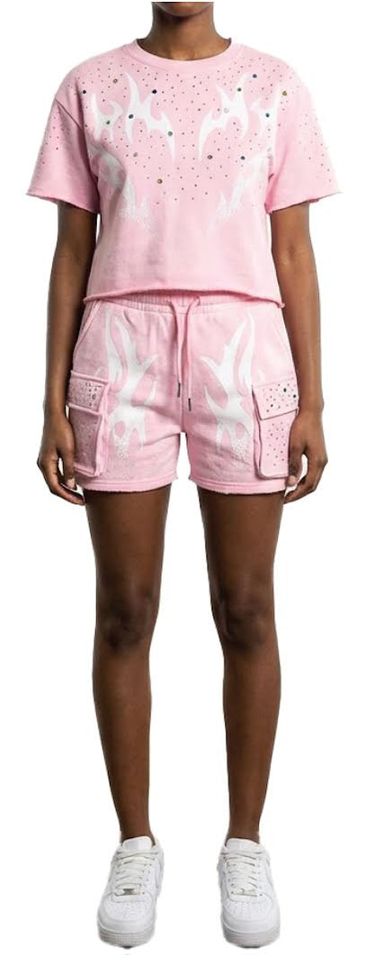 REDFOX WOMEN'S MINERAL WASH FRENCH TERRY "FLAME" W/RHINESTONE SHORT SET (ST6633S)