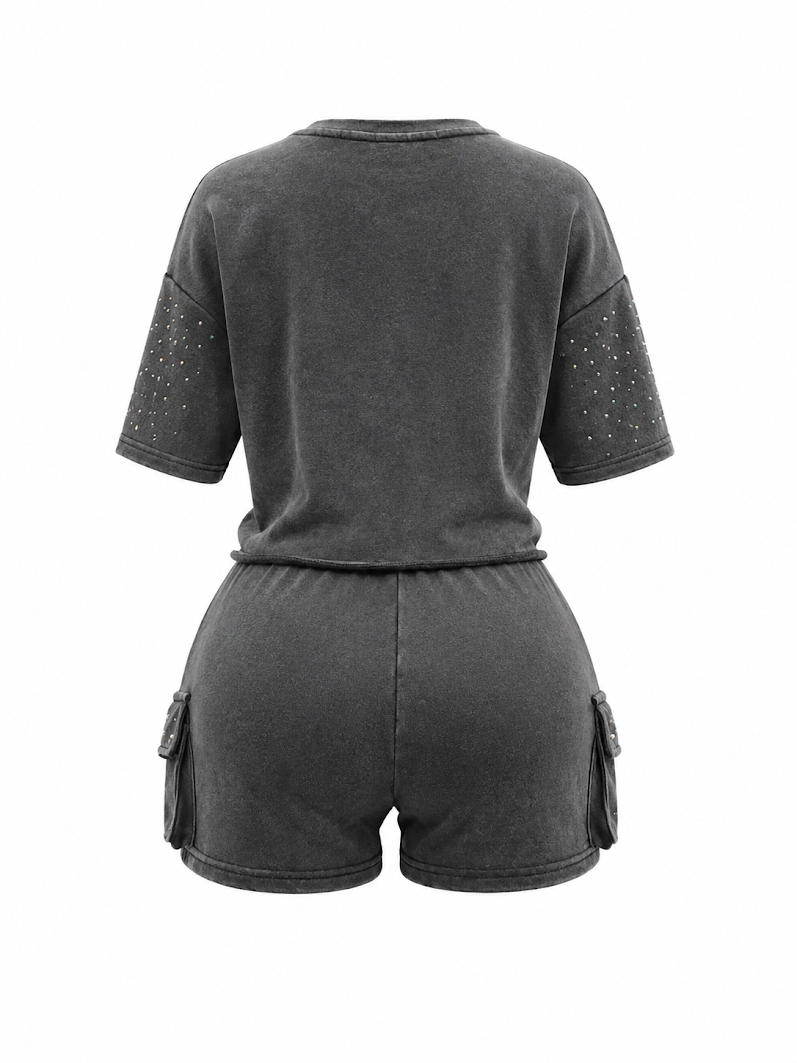 REDFOX WOMEN'S MINERAL WASH FRENCH TERRY "FLAME" W/RHINESTONE SHORT SET (ST6633S)