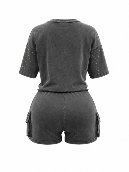 REDFOX WOMEN'S MINERAL WASH FRENCH TERRY "FLAME" W/RHINESTONE SHORT SET (ST6633S)