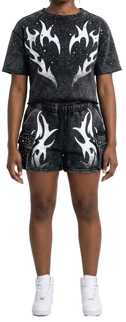 REDFOX WOMEN'S MINERAL WASH FRENCH TERRY "FLAME" W/RHINESTONE SHORT SET (ST6633S)