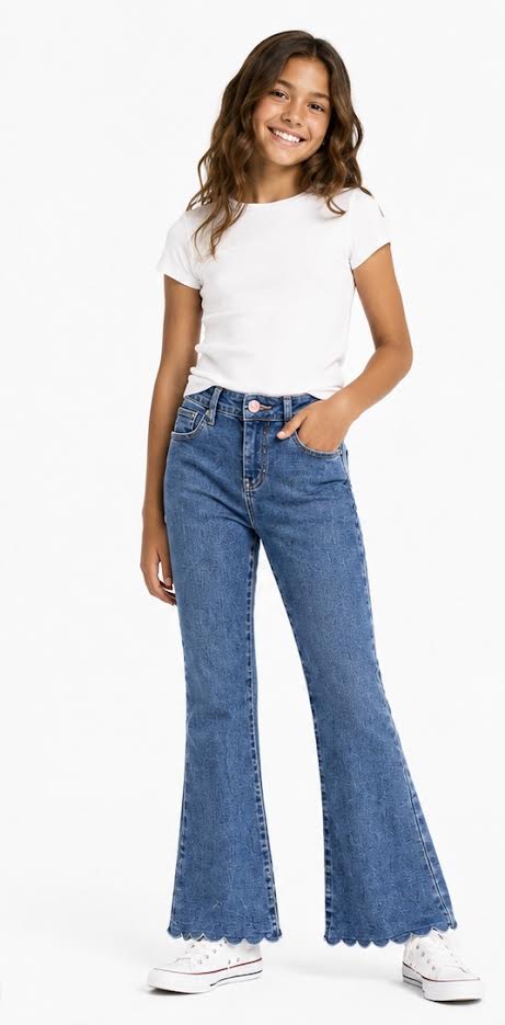 CUTIE PATOOTIE FLARE LEG DENIM JEANS W/ SCALLOPED HEM