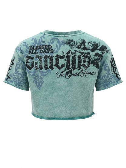 REDFOX WOMEN'S "IN GODS HANDS" FRENCH TERRY CROP TEE W/RHINESTONE  (TE1639)