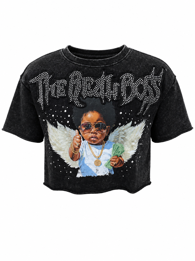 REDFOX WOMEN'S "THE REAL BOSS" FRENCH TERRY CROP TEE W/RHINESTONE (TE1627)